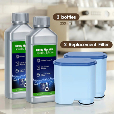 Two Pack Water Filters With Two 250ml Universal Descaler Bottles For Compatible Coffee Machines Plug N Play Easy Fit Replacement Kit Keeps Brew Quality Prevents Scale Prolongs Machine Life. two 250ml bottles and two replacement filters