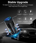 Dual USB Car Charger with Fast Charge 3.4A, lighter socket adapter shown with charging features on background of luxury car.