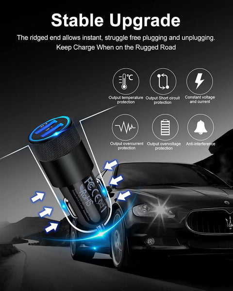 Dual USB Car Charger with Fast Charge 3.4A, lighter socket adapter shown with charging features on background of luxury car.