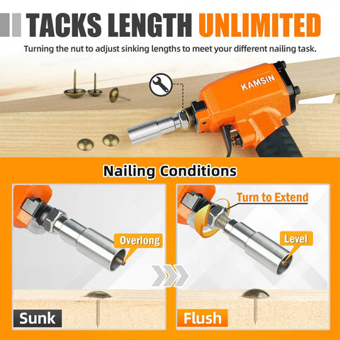 Premium Pneumatic Decorative Nailer 41 By 64 Inch Compact Deco Nail Gun, showing adjustable sinking lengths for various nailing tasks.