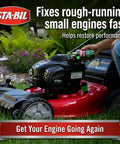 Kickstart Your Rig Small Engine Fuel Treatment And Carb Cleaner used on a lawn mower to restore engine performance outdoors.