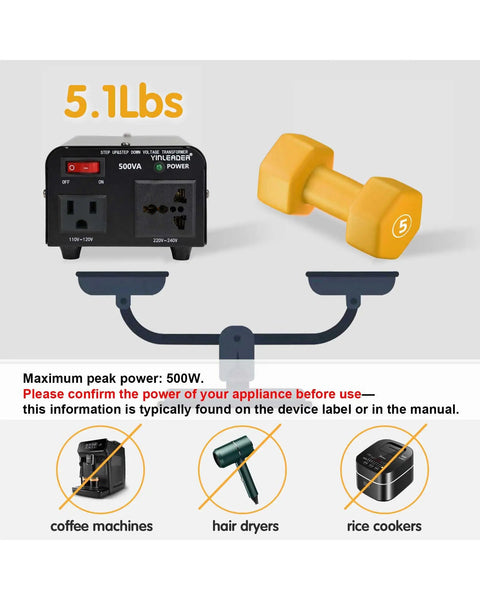 500W Voltage Transformer Power Converter 110V To 220V And 220V To 110V Step Up Down Travel Converter front view with US Power Cord