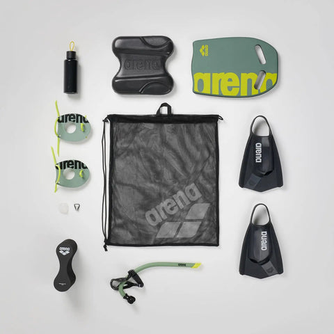 Mesh Pool Gear Sack For Swim Team Practice Quick Dry Tote Bag With Drawstring Closure Durable Polyester Swim Equipment Bag For Wet Gear Large 40 Liters Capacity Sage Green displayed with swim accessories.