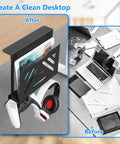Before and after view of under desk laptop mount and side hanging file organizer showing office desk clutter reduction