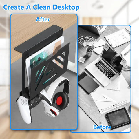 Before and after view of under desk laptop mount and side hanging file organizer showing office desk clutter reduction