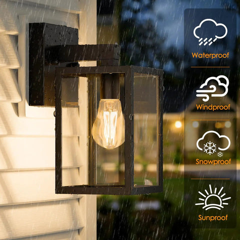 Built Tough Black Outdoor Wall Lantern With Waterproof Exterior Sconce featuring E26 socket, mounted in rain, showing bulb.