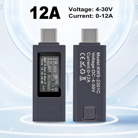 Type C Power Meter USB C Tester With LCD Display Digital Multimeter 4 To 30V 0 To 12A Voltage Current Monitor shown front and back