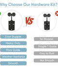 Comparison of heavy duty outdoor barn door hardware kit with door stopper, floor guide, and weather-resistance against a fragile T guide.