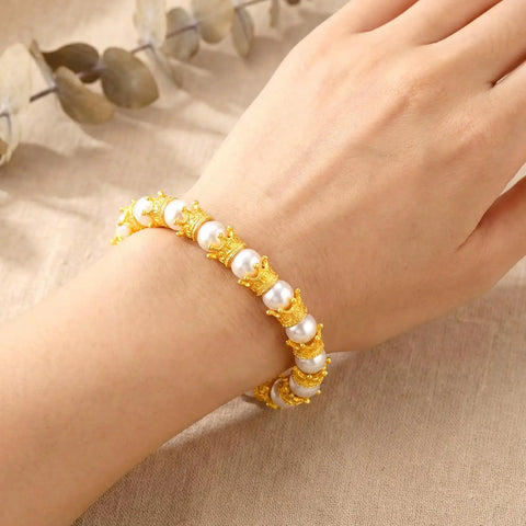 Gold Mini Crown Charms 100 Pieces, 3D Vintage Alloy Queen King Crowns Beads With Large Hole Bracelet on wrist