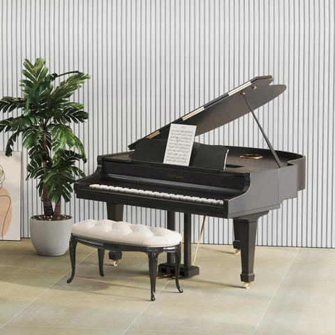 Heavy Duty Dual Layer Acoustic Wall Panels For Crisp Audio And Echo Blocking Self Adhesive Thick Fabric Wrapped Sound Dampening Tiles 4 Pack Peel Stick Install No Sweat Game Changing Setup with grand piano and plant