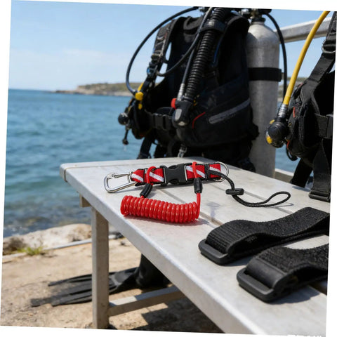 Coiled Diving Lanyard With Quick Release Buckle For Underwater Camera And Flashlight Securement, Red Scuba Webbing Strap, Steel Spring Tether Built For Durable Marine Dives And Fishing Adventures on table by ocean gear