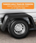 Tandem axle trailer with Beefy 14 Gauge Steel Trailer Fenders, black, for 14 to 16 inch tires, showing wheel coverage.