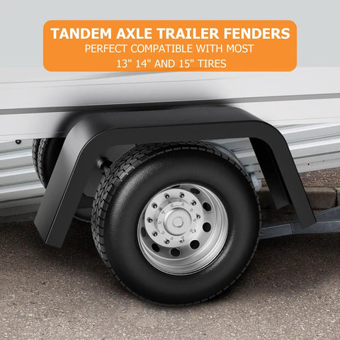 Tandem axle trailer with Beefy 14 Gauge Steel Trailer Fenders, black, for 14 to 16 inch tires, showing wheel coverage.