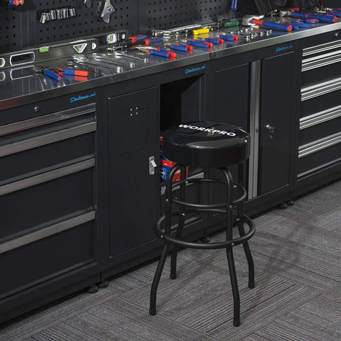 Heavy-Duty Steel Garage Shop Stool With Swivel Cushion Seat, Four Sturdy Legs, 360 Degree Foot Rings, Black Powder Coated Frame And Footrest, Single Pack in a workshop setting.