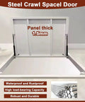 Slick Flush Floor Hatch Door For Basement Cellar Hidden Crawl Space Access Panel Locks Down Firm With Vinyl Tile Granite Or Wood Surfaces Heavy Duty Steel Plate 60X36 Inches showing open panel with 1.5mm thickness.