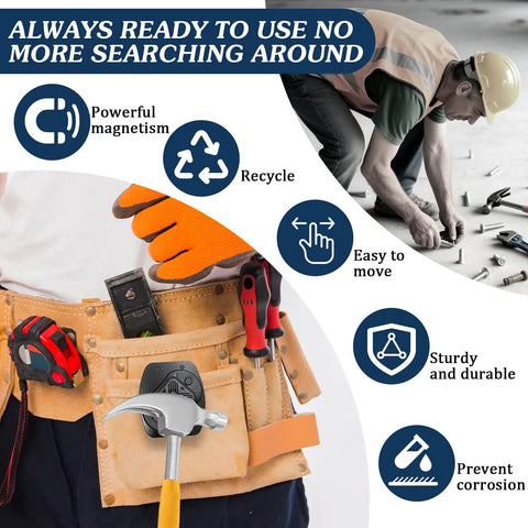 Heavy Duty Magnetic Tool Belt Clip Holster for screws, nails, hammer, pliers shown on work belt, highlights powerful magnetism and durability.