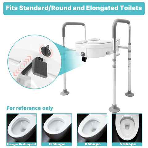 Total Badass Adjustable Raised Toilet Seat With Handles Heavy Duty Aluminum Safety Frame, designed for standard and elongated toilets.
