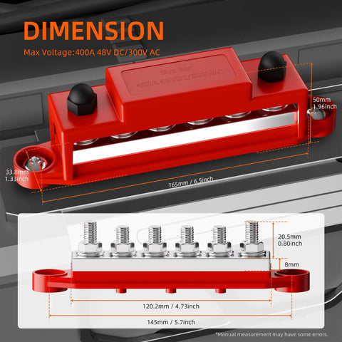 Backyard Builder 400 Amp Bus Bar Power Distribution Block With Six M8 Studs for 12V to 48V, showing dimensions and solid copper terminals.