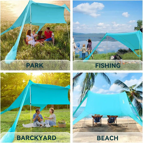 Portable Beach Tent Sun Shelter 7x7ft Shade Canopy UPF50 in various outdoor settings: park, fishing, backyard, beach.