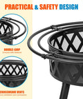 Close-up of 36 Inch Wood Burning Fire Pit With Spark Screen And Fire Poker For Outdoor Hangouts showing double-loop safety design and crossweave vents.