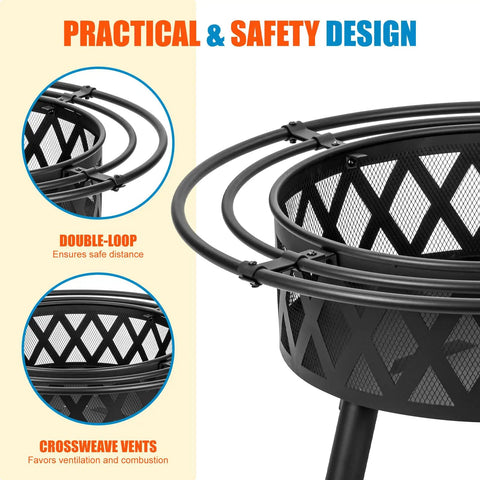 Close-up of 36 Inch Wood Burning Fire Pit With Spark Screen And Fire Poker For Outdoor Hangouts showing double-loop safety design and crossweave vents.