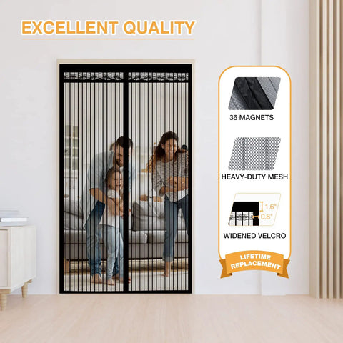 Family using Magnetic Screen Door For Doors Up To 37 By 82 Inches, Self Sealing Mesh Magnetic Closure, Heavy Duty Yet Lightweight, Black