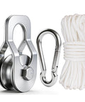 Heavy Duty Cable Snatch Pulley Block With 32 Ft Rope And Hook Dual Bearings Inside For Smooth Operation Chrome Plated Steel Construction 800Lb Lifting Capacity Rugged For Garage Attic Kayak Deer Hanging Gym Equipment 1 Pack, with rope and hook