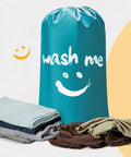 Extra Large 2 Pack Laundry Bags 28 By 40 Inches Heavy Duty Drawstring Laundry Organizers, blue bag and folded clothes