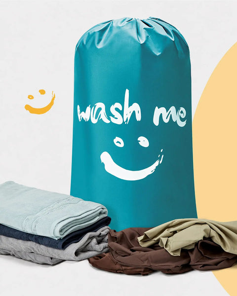 Extra Large 2 Pack Laundry Bags 28 By 40 Inches Heavy Duty Drawstring Laundry Organizers, blue bag and folded clothes
