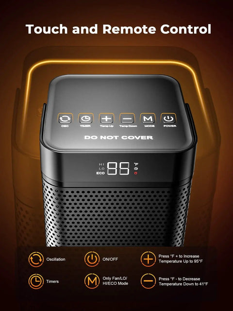 Indoor Space Heater 1500W Portable With Remote And Thermostat, front view with control panel and digital display