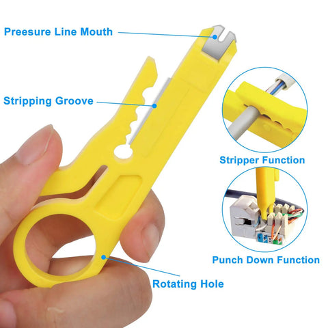 Yellow wire stripper tool from Pro Grade Ethernet Crimping Kit With 20 RJ45 Connectors Covers Cable Tester And Wire Stripper Universal RJ11 RJ12 6P 8P