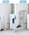 Before and after of cluttered vs. organized laundry room with heavy duty wall mount mop and broom organizer with five slots and four hooks.