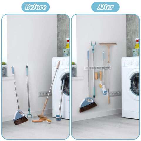 Before and after of cluttered vs. organized laundry room with heavy duty wall mount mop and broom organizer with five slots and four hooks.