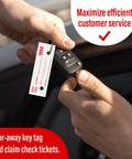 Automotive Service Tag Numbers 1000 Count Red Green Service Dispatch Double Sided 3 Part Hang Tags in use with car key