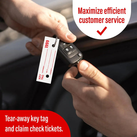 Automotive Service Tag Numbers 1000 Count Red Green Service Dispatch Double Sided 3 Part Hang Tags in use with car key