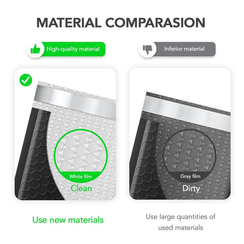 Material comparison of black bubble mailers 6x10 inch 100 pack padded envelopes with usable inner 6x9 inch thick opaque shipping bags.
