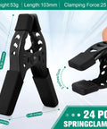 Kickass Heavy Duty Spring Clamps A Twenty Four Pack showing black steel design with non-slip grips and snug 2 inch clamping.