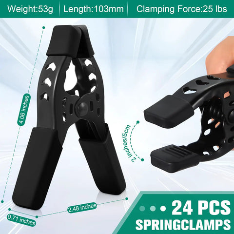 Kickass Heavy Duty Spring Clamps A Twenty Four Pack showing black steel design with non-slip grips and snug 2 inch clamping.