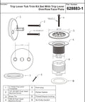 Diagram of Champagne Bronze Trip Lever Tub Trim Kit With Overflow Face Plate And Strainer No Putty Gasket Tub Drain Includes Screws.