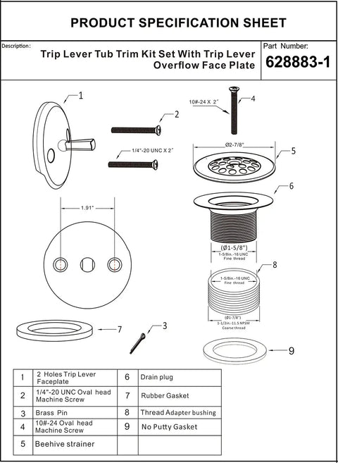 Diagram of Champagne Bronze Trip Lever Tub Trim Kit With Overflow Face Plate And Strainer No Putty Gasket Tub Drain Includes Screws.