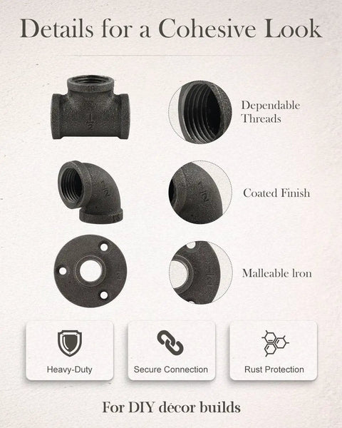 Detailed view of 30 Pack Half Inch Cast Iron Pipe Fittings Set showing elbows, tees, flanges with durable black finish for DIY projects.