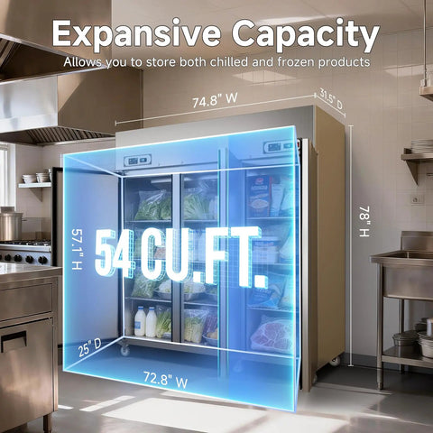 Plug And Play Commercial Refrigerator Freezer Combo 72 Inch Upright Fridge And Freezer With Smart WiFi App Control Stainless Steel in kitchen, showcasing 54 cu ft capacity.