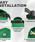 Installation guide showing steps for attaching strap and adjusting spikes in Four Piece Nine Inch Spiked Roller Set For Self Leveling Concrete And Epoxy Floors With Spike Shoes 43 Inch Telescoping Pole And Non Slip Gloves For Easy Smooth Pro Grade Epoxy Tools.