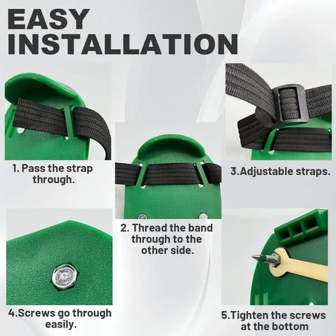 Installation guide showing steps for attaching strap and adjusting spikes in Four Piece Nine Inch Spiked Roller Set For Self Leveling Concrete And Epoxy Floors With Spike Shoes 43 Inch Telescoping Pole And Non Slip Gloves For Easy Smooth Pro Grade Epoxy Tools.