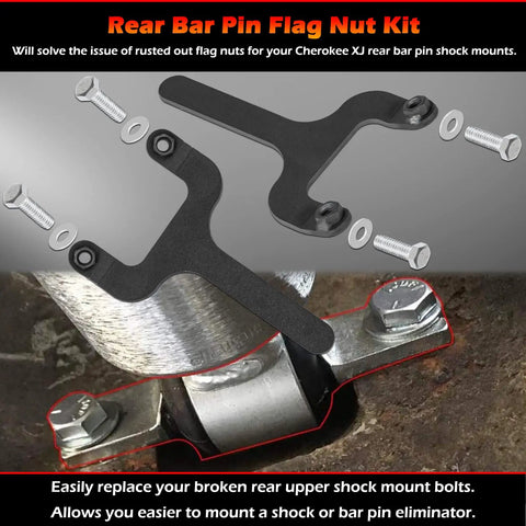 Heavy Duty Rear Bar Pin Flag Nut Kit To Swap Out Busted Shock Mounts On Your Ride Fits 1984 To 2001 Jeep Cherokee XJ showing flag nuts and bolts.