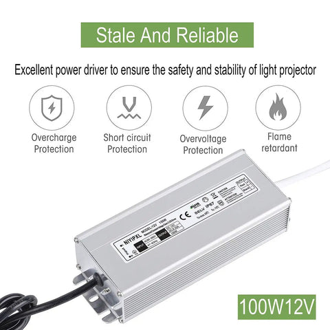 100W IP67 Waterproof LED Driver Power Supply 85 To 265V AC To 12V DC Converter With Three Prong Plug and Cable, Overcharge Protection