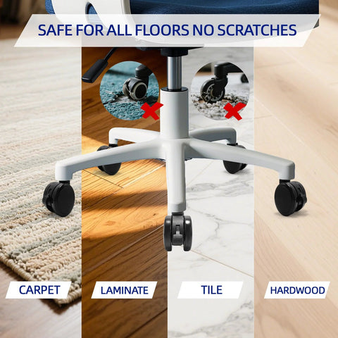 Brake Twin Caster Wheels For Chairs shown on various floor types, displaying smooth silent rollers and black finish, set of 5.
