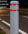 Built Like A Tank Hdpe Bollard Cover 5 X 46 Inch Grey Push On Post Sleeve with reflective collars for night visibility.