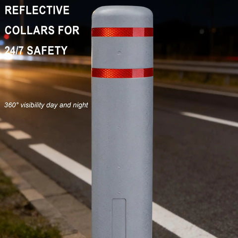 Built Like A Tank Hdpe Bollard Cover 5 X 46 Inch Grey Push On Post Sleeve with reflective collars for night visibility.