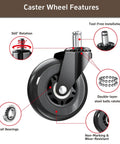 Heavy Duty 3 Inch Office Chair Wheels Replacement Set Of Five Smooth Gliding Rollerblade Casters With Universal Standard Stem For No Fuss Desk Upgrades And Top Shelf Performance Black showcasing features like 360° rotation and dual ball bearings.